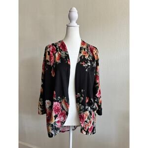 Mauve 3/4 Sleeve Open Front Black Floral Cardigan Womens Size XL